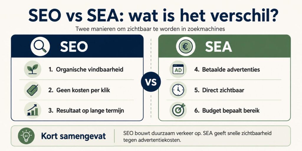 Visuele vergelijking van SEO en SEA: organische zoekmachineoptimalisatie versus betaalde zoekmachineadvertenties