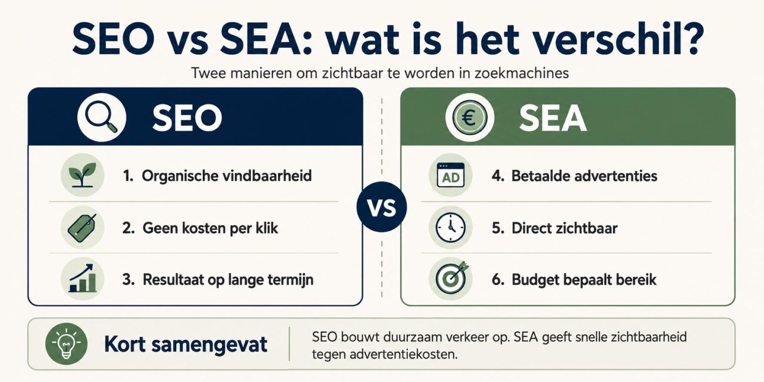 Visuele vergelijking van SEO en SEA: organische zoekmachineoptimalisatie versus betaalde zoekmachineadvertenties